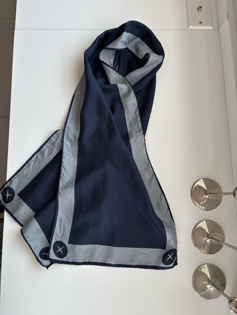 Italian Navy and Light Gray 100% Silk Scarf - Classic Border Design